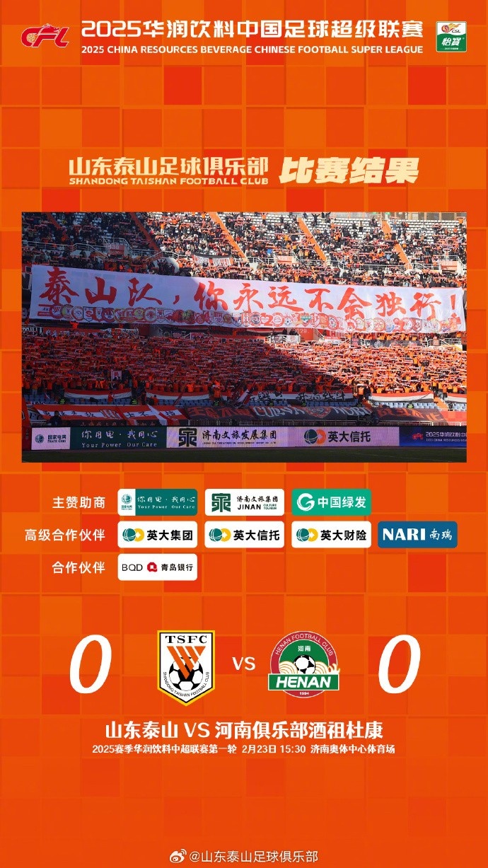  中超首戰(zhàn)，泰山隊(duì)雖未取勝，但全隊(duì)展現(xiàn)出了頑強(qiáng)的拼搏精神
