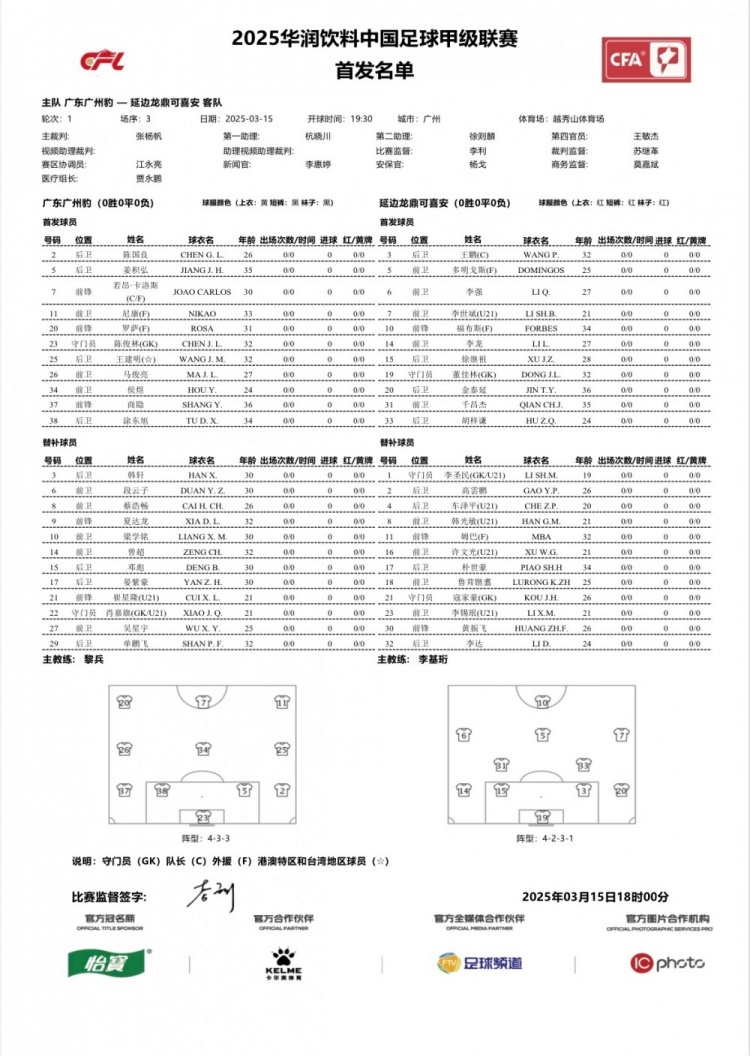  廣州豹vs延邊龍鼎首發(fā)：卡洛斯、羅薩、尼康三外援領銜廣州豹